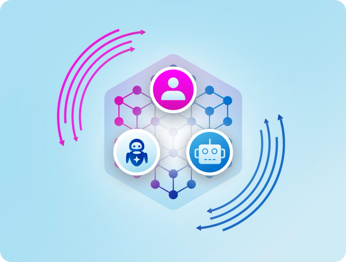Illustration showing bidirectional exchange of identity signals between identity and security systems on a light gradient background