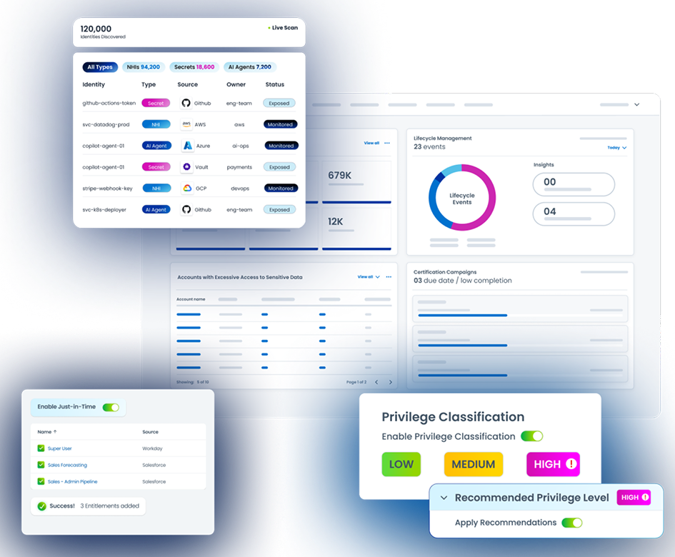 SailPoint platform dashboard showing discovered identities, access risk, and privilege recommendations