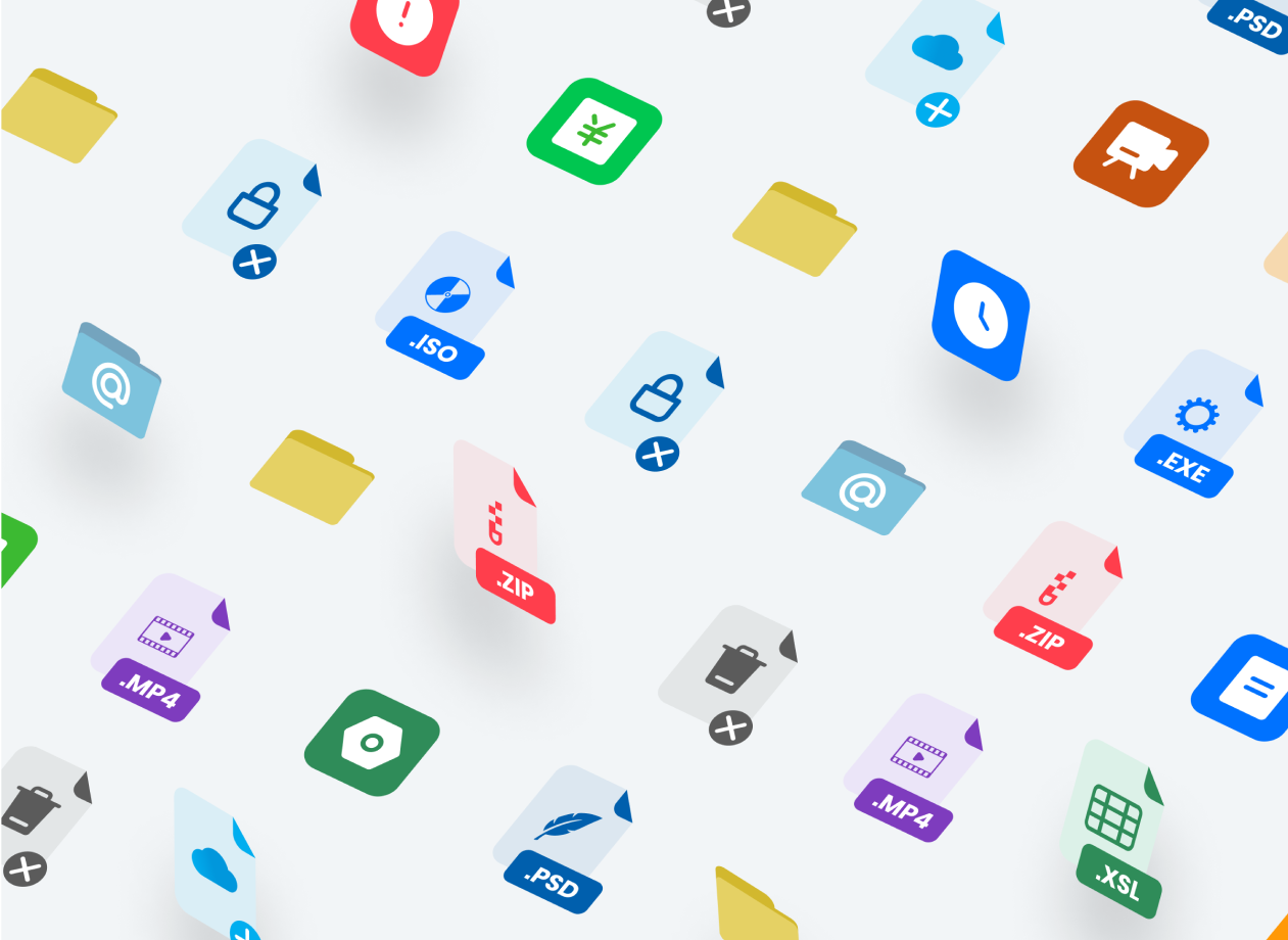 The image shows various colorful file icons and folders floating on a white background, each representing different file types like .ZIP, .MP4, and .PSD.