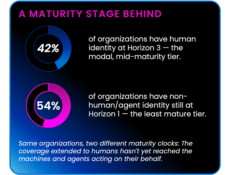 A maturity stage behind: 42% of organizations have human identity at Horizon 3, and 54% still have non-human and agent identity at Horizon 1.