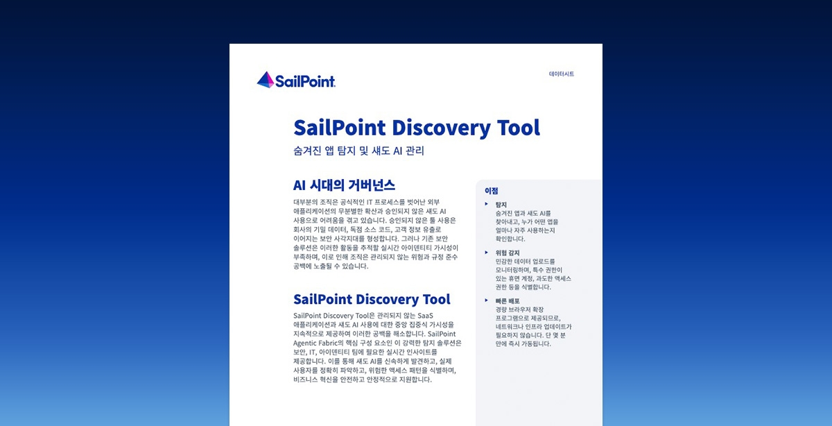 First page of SailPoint Discovery Tool datasheet on a blue gradient background