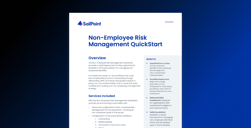 A SailPoint one-page brochure titled “Non-Employee Risk Management QuickStart,” showing sections for overview, services included, and benefits on a clean white page against a dark blue gradient background.