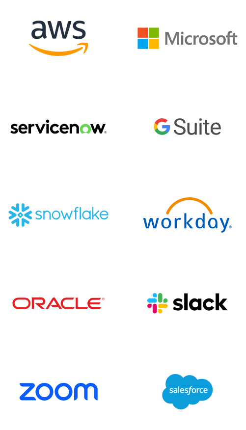 Technology partner logos including AWS, Microsoft, ServiceNow, Google, Snowflake, Workday, Oracle, Slack, Zoom, and Salesforce