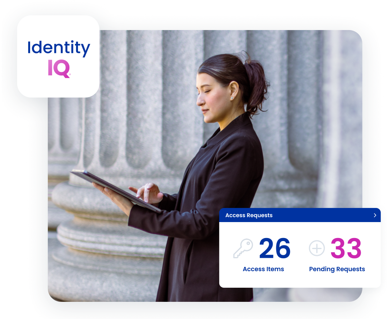 A person in a black coat is using a tablet in front of large stone columns. The image includes a logo saying 'Identity IQ' and a box showing '26 Access Items' and '33 Pending Requests'.