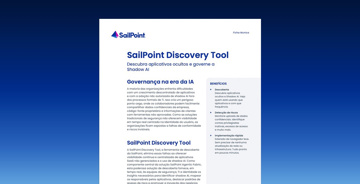First page of SailPoint Discovery Tool datasheet on a blue gradient background