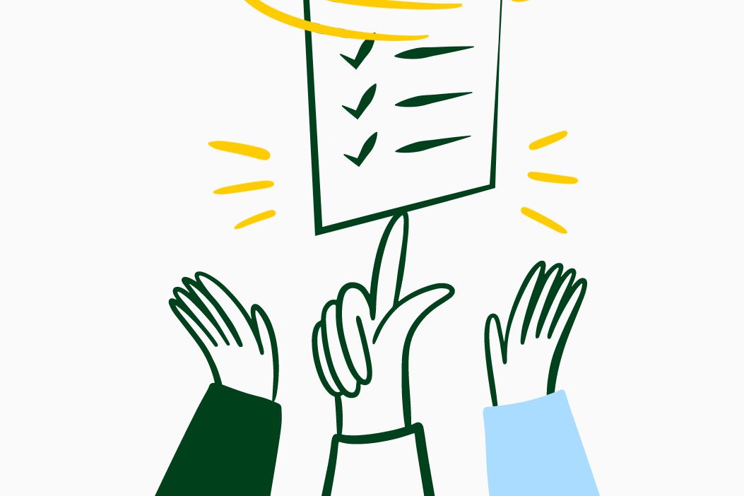 Illustration eines Zertifikats auf einer balancierenden Hand, mit zwei erhobenen Händen daneben.