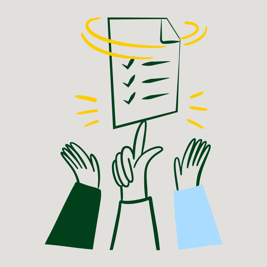 Illustration of a certificate on a balancing hand, with two raised hands beside it.