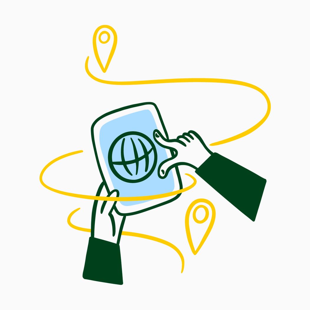 Illustrazione di due mani che tengono un tablet con un simbolo di globo sullo schermo. Attorno al tablet fluttuano dei segnaposto.