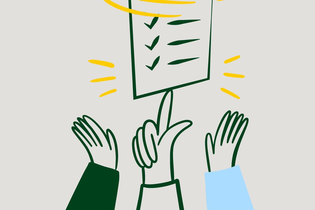 Illustration of a certificate on a balancing hand, with two raised hands beside it.