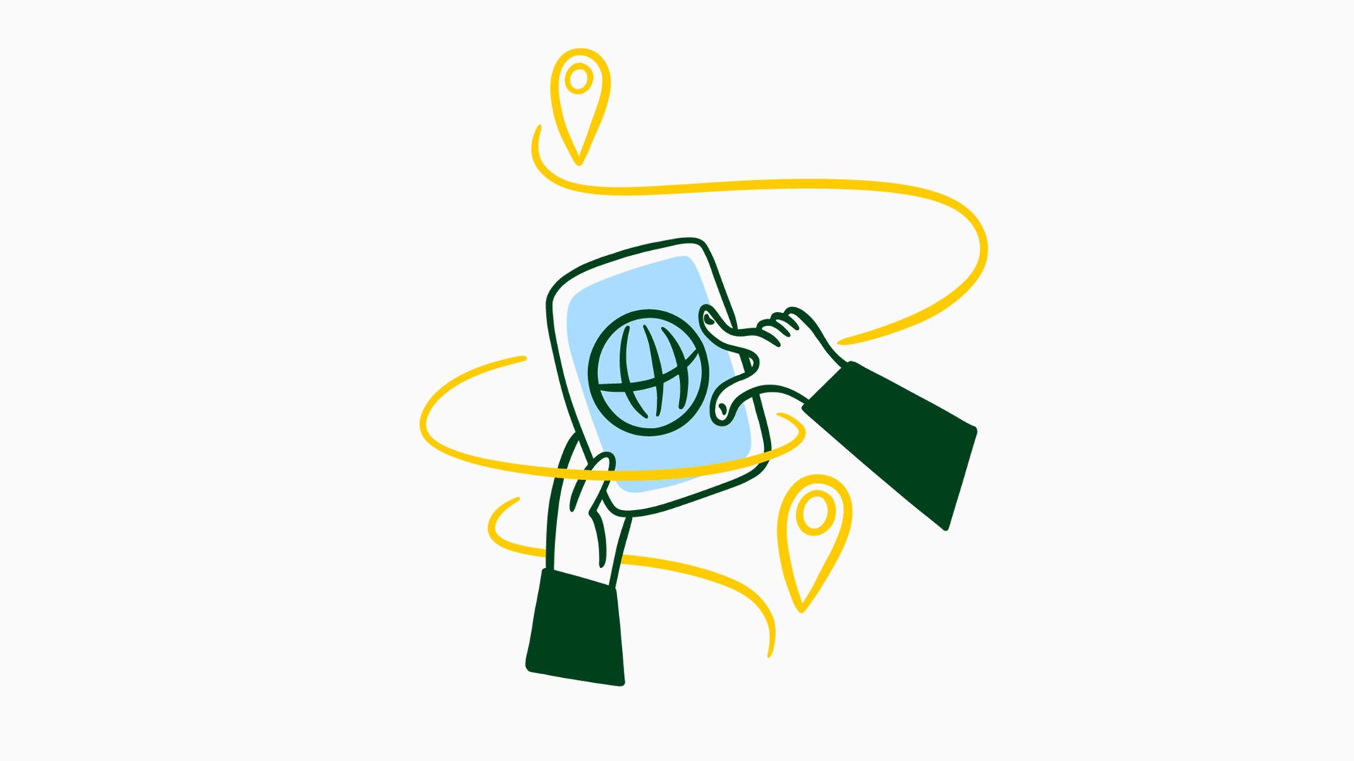 Illustration mit zwei Händen, die ein Tablet mit einem Globus-Symbol auf dem Bildschirm halten. Um das Tablet herum schweben Standortmarkierungen.