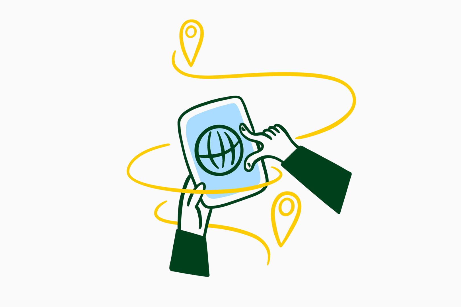 Illustration mit zwei Händen, die ein Tablet mit einem Globus-Symbol auf dem Bildschirm halten. Um das Tablet herum schweben Standortmarkierungen.