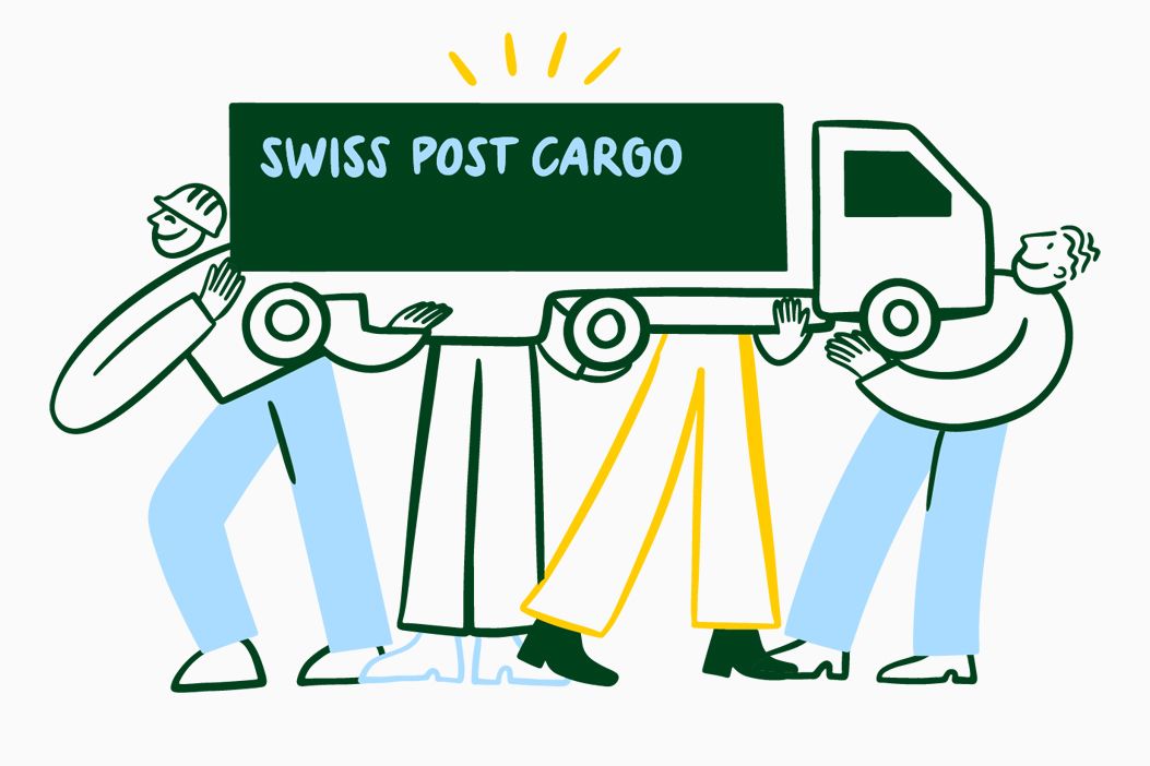 Illustration von drei Personen, die gemeinsam einen LKW mit der Aufschrift «Swiss Post Cargo» hochhalten.