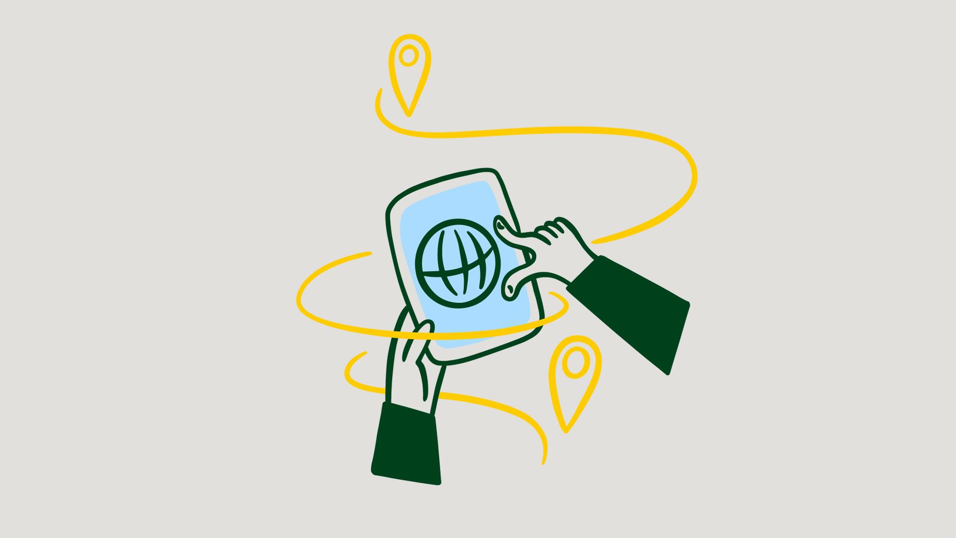 Illustration de deux mains tenant une tablette avec un symbole de globe sur l'écran. Autour de la tablette, des marqueurs de localisation flottent.
