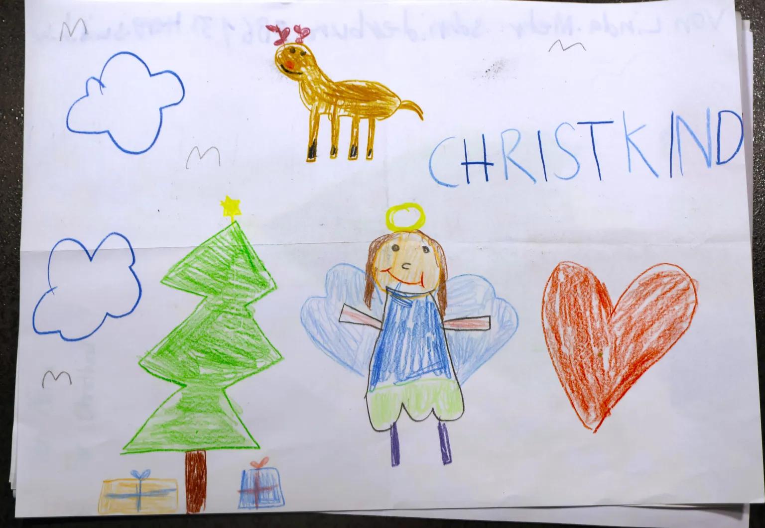 Kinderzeichnung: Christkind mit Tannenbaum