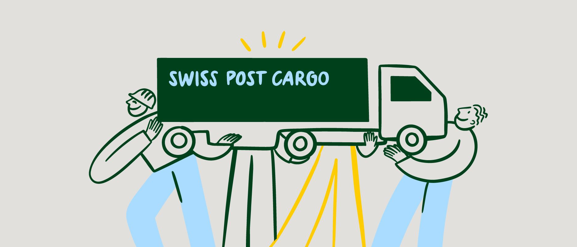 Illustration von drei Personen, die gemeinsam einen LKW mit der Aufschrift «Swiss Post Cargo» hochhalten.