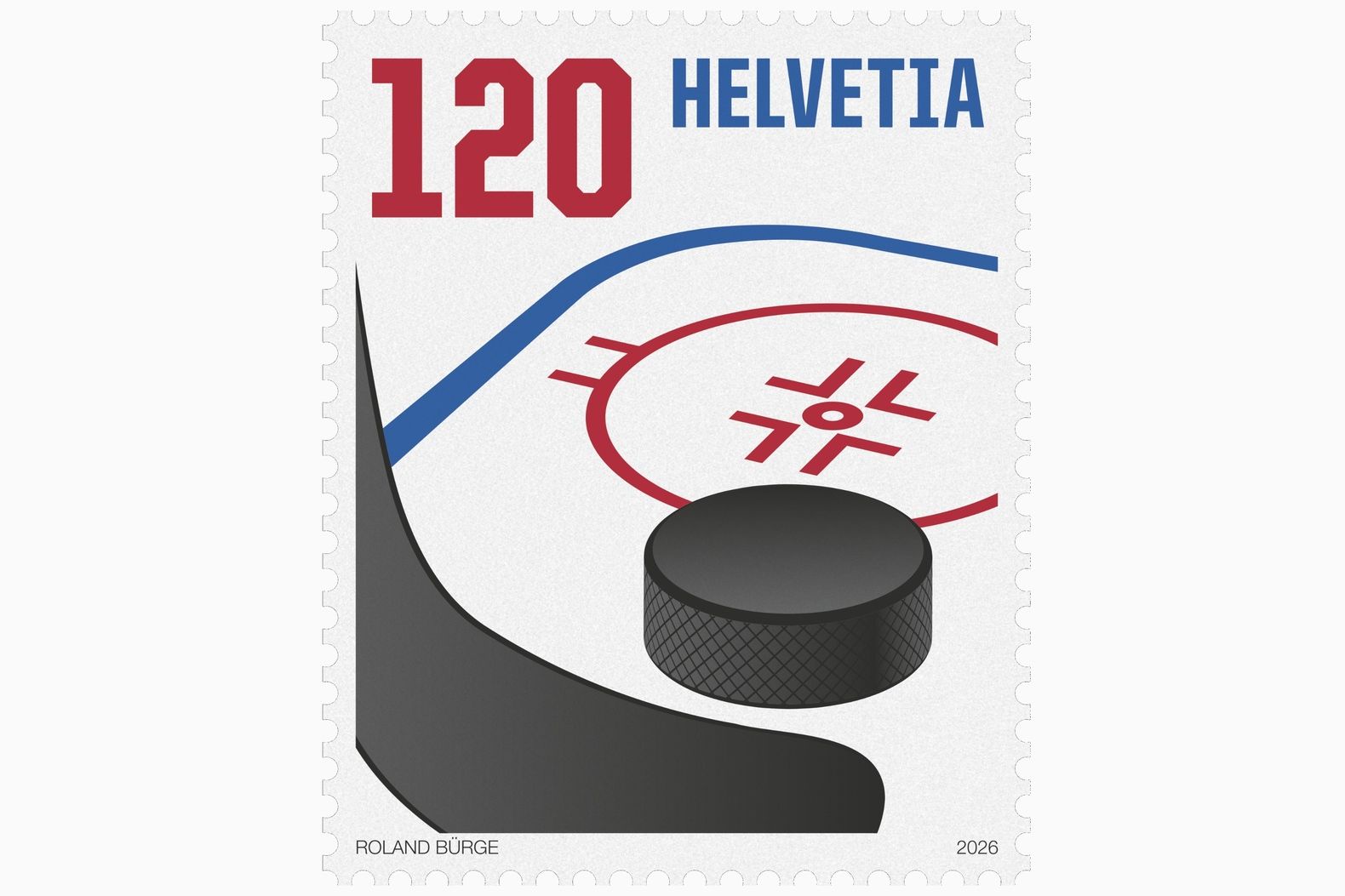 Timbre-poste « 120 HELVETIA » (2026). Motif stylisé de hockey sur glace avec un palet noir devant la zone de but, lignes courbes bleues et rouges en arrière-plan, signé « Roland Bürge » en bas.