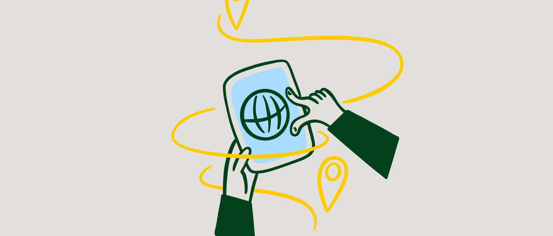 Illustration of two hands holding a tablet with a globe symbol on the screen. Location markers float around the tablet.