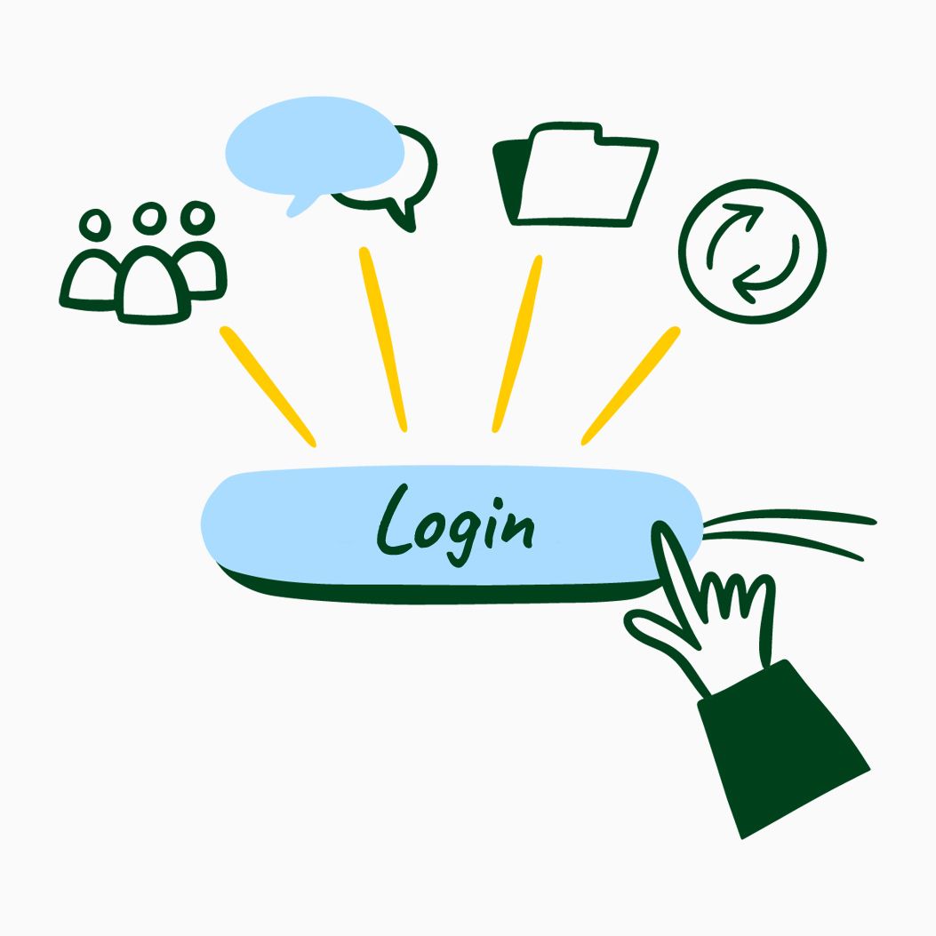 Illustration of a hand clicking on a glowing “Login” button. Above, four symbols are arranged: three figures, two speech bubbles, a folder, and a circle with two arrows.