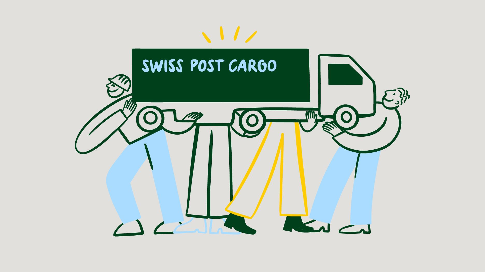 Illustration von drei Personen, die gemeinsam einen LKW mit der Aufschrift «Swiss Post Cargo» hochhalten.