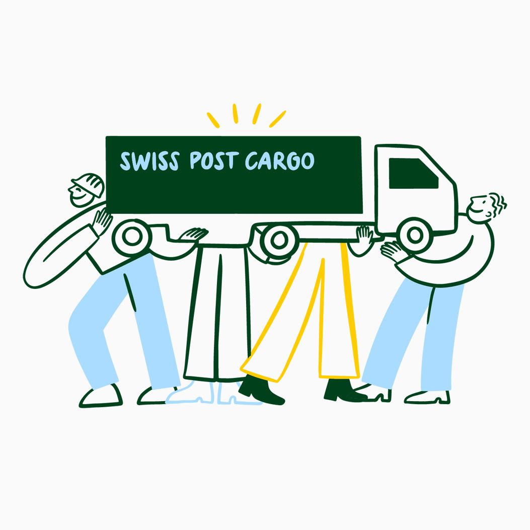 Illustration of three people holding up a truck with the inscription “Swiss Post Cargo”.