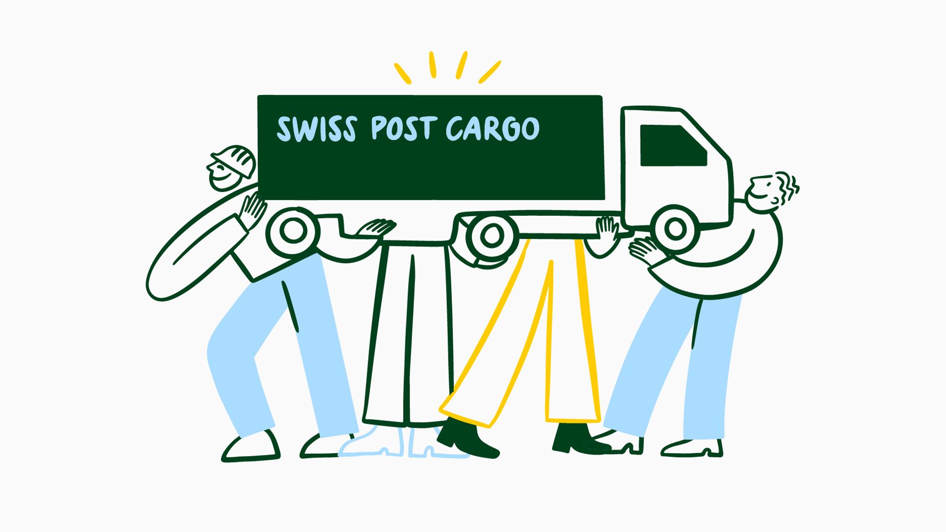Illustration of three people holding up a truck with the inscription “Swiss Post Cargo”.