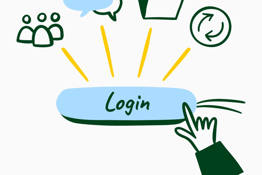 Illustration of a hand clicking on a glowing “Login” button. Above, four symbols are arranged: three figures, two speech bubbles, a folder, and a circle with two arrows.