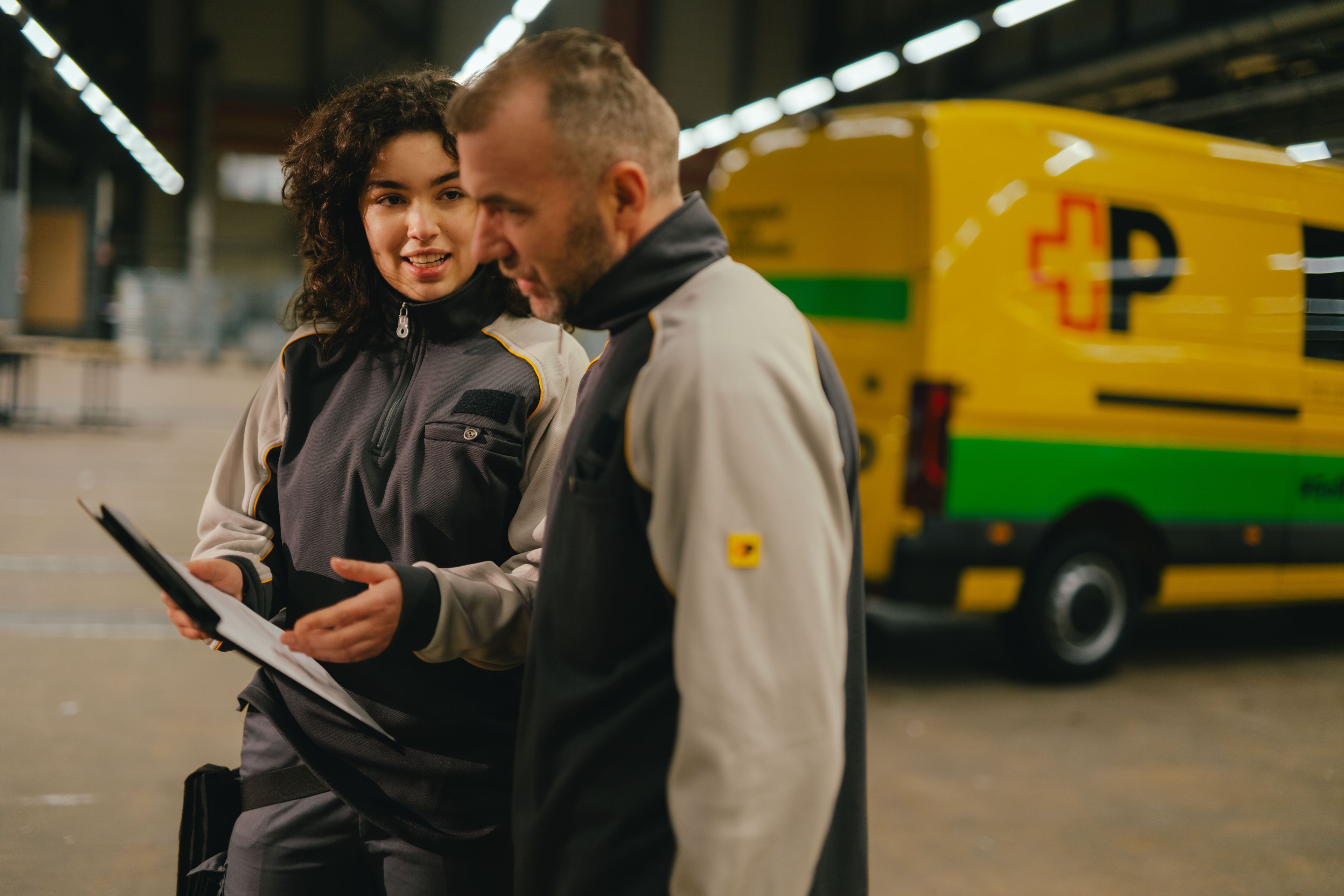 Deux personnes en tenue de travail consultent un document dans un hall industriel. À l’arrière‑plan se trouve un véhicule de livraison jaune portant le logo de la Poste.