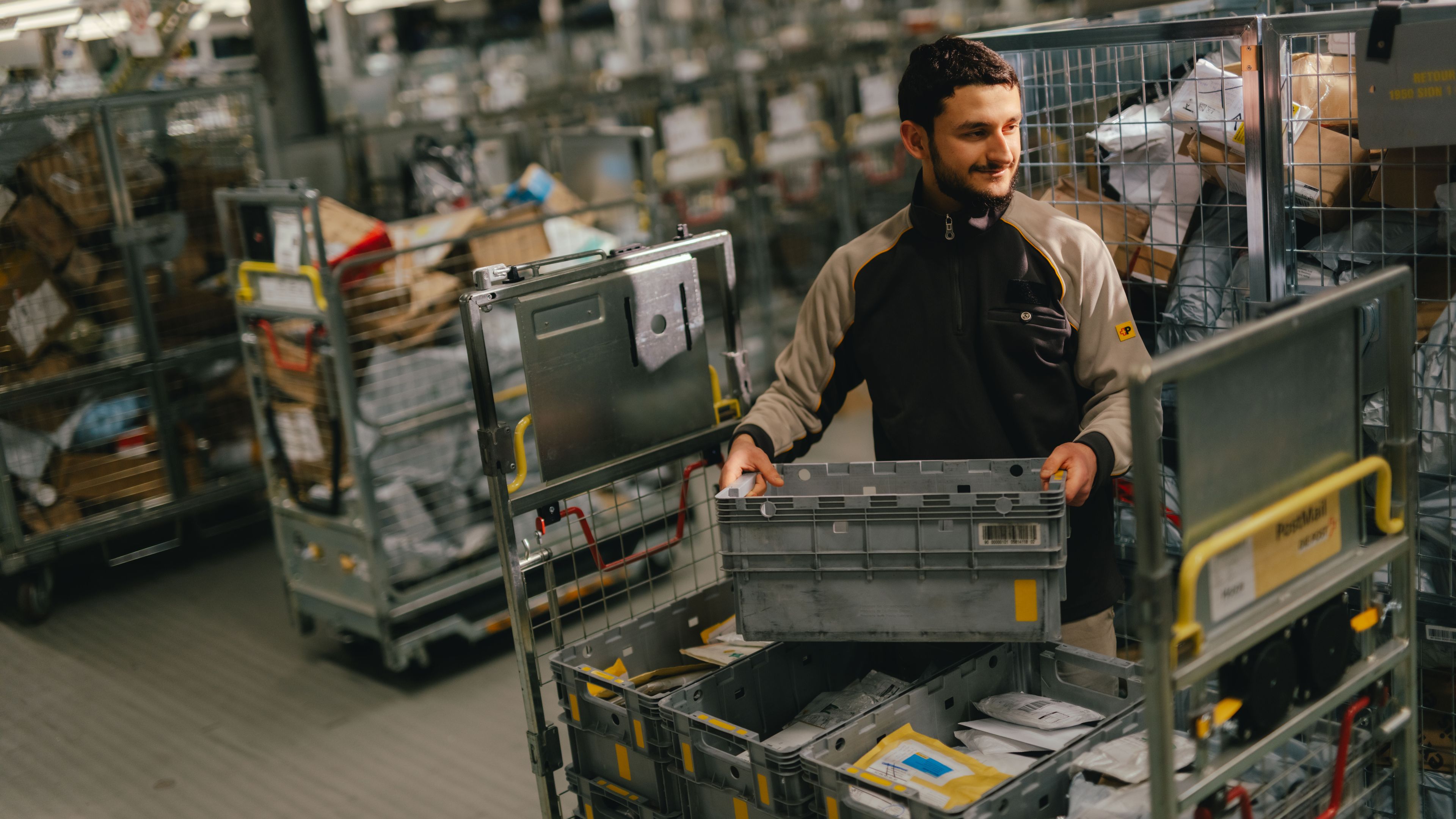 Una persona si trova in un grande capannone di smistamento e solleva una cassetta di trasporto grigia. La persona indossa una giacca da lavoro scura con strisce chiare a contrasto. Attorno ci sono numerosi carrelli metallici pieni di pacchi, spedizioni e altre cassette. L’ambiente è ben illuminato e appare molto pieno di materiale di smistamento e stoccaggio.
