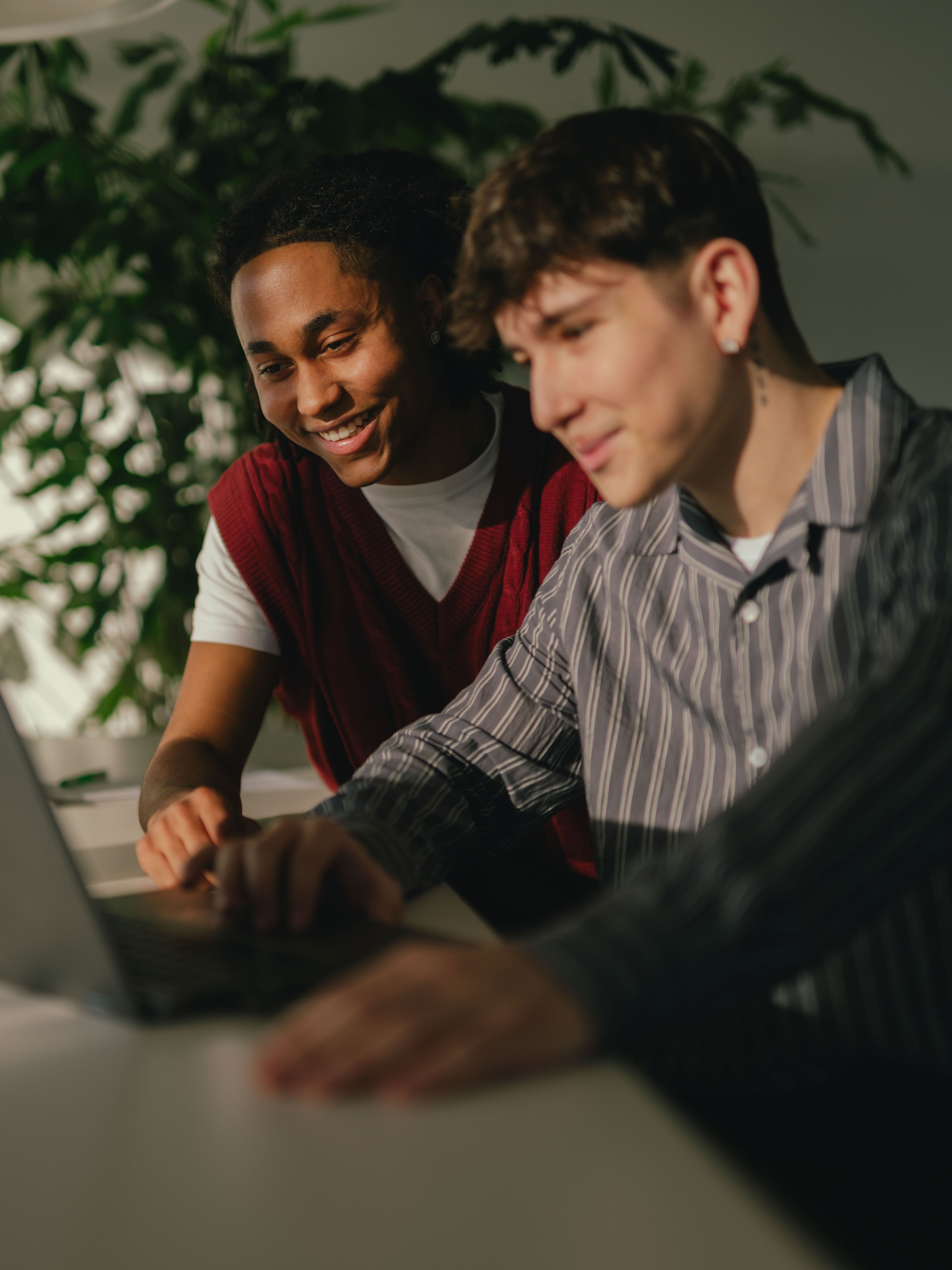 Deux personnes sont assises à une table et travaillent ensemble sur un ordinateur portable. L’une des personnes montre l’écran d’une main tandis que l’autre est assise directement devant l’appareil. Deux verres d’eau sont posés sur la table. Une grande plante verte est visible en arrière-plan et des ombres nettes sont créées par la lumière latérale.