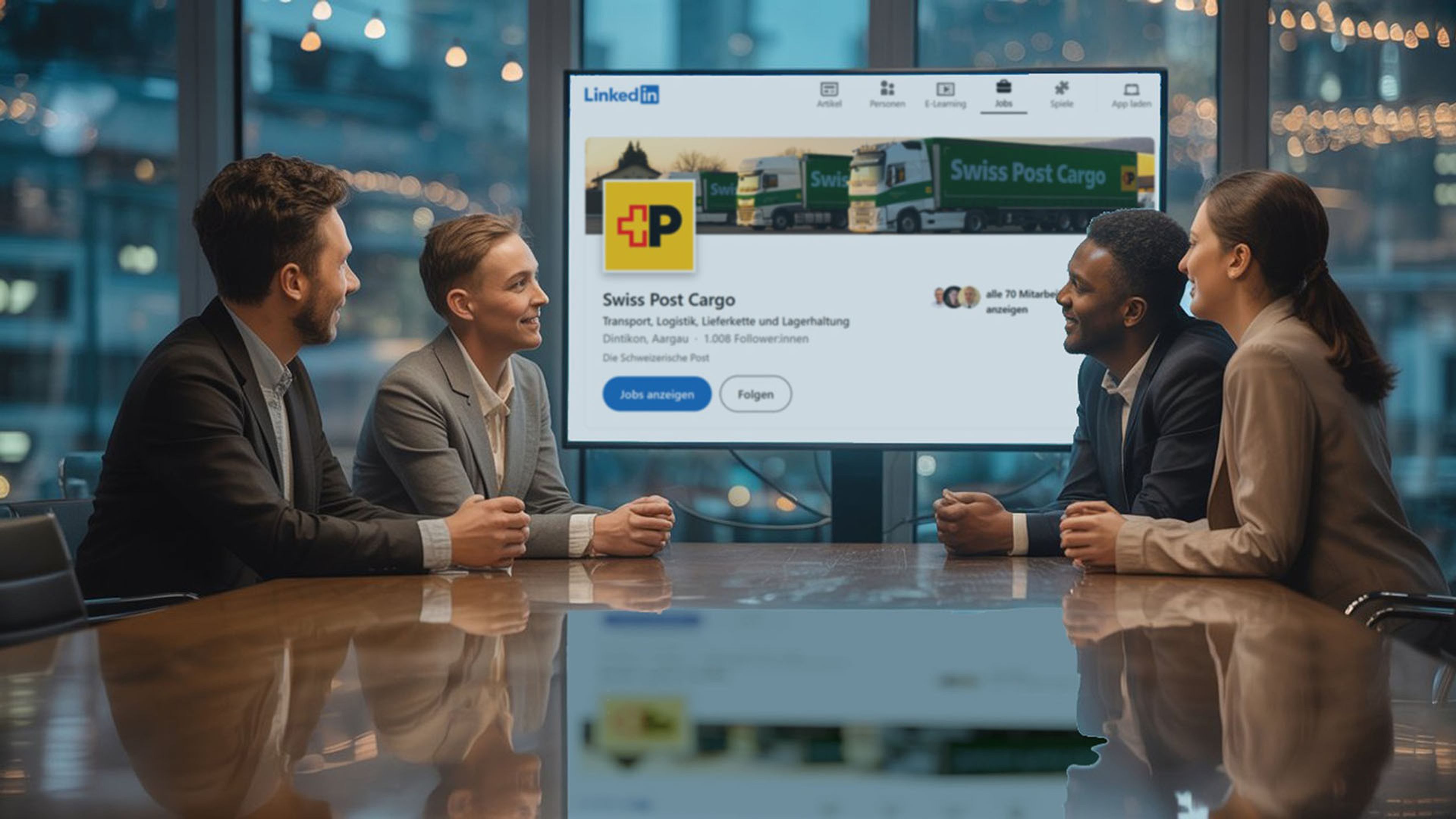 Personen im Meeting-Raum vor einem Bildschirm mit dem Swiss Post Cargo LinkdedIn-Profil