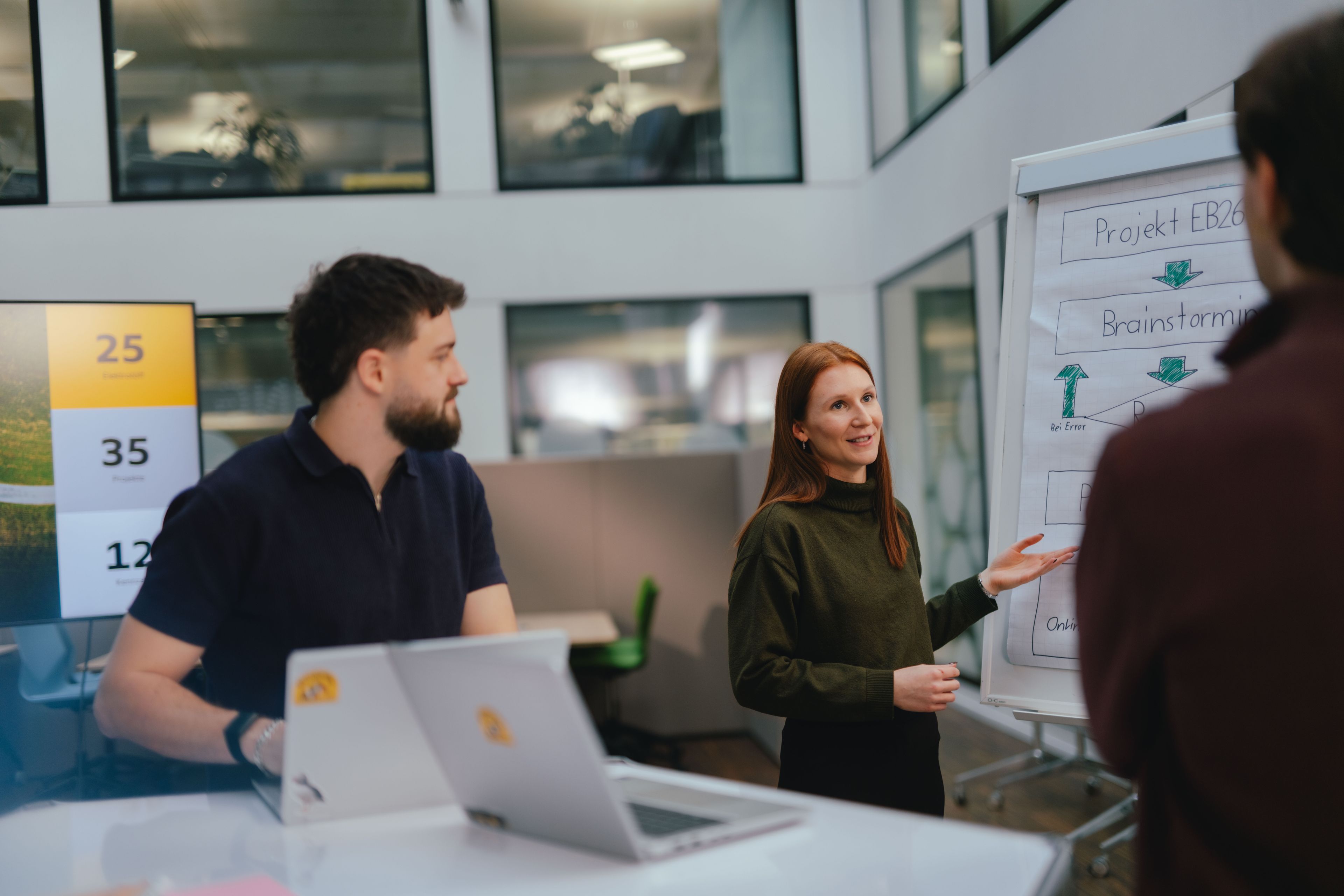 Mehrere Personen befinden sich in einem modernen Bürobereich. Eine Person zeigt auf ein Flipchart, auf dem handgeschriebene Stichpunkte und Pfeile zu sehen sind. Eine weitere Person steht daneben und blickt in Richtung Flipchart. Im Vordergrund ist ein aufgeklappter Laptop auf einem Tisch sichtbar. Der Raum hat grosse Fenster, Glaswände und eine helle Innenarchitektur.