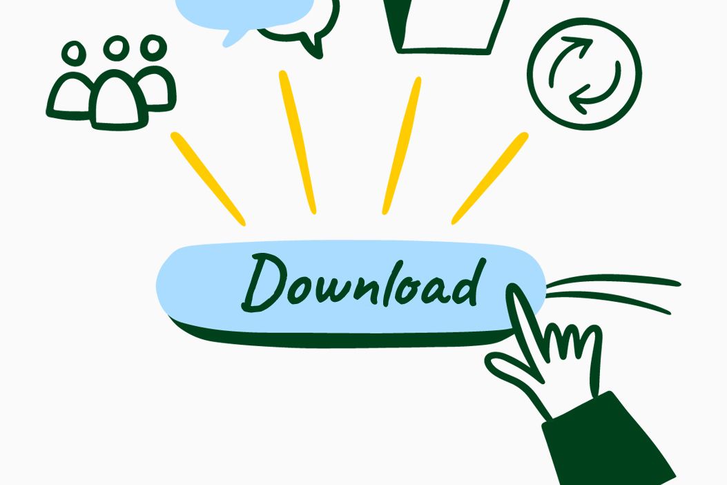 Illustration of a hand clicking on a glowing “Download” button. Above, four symbols are arranged: three figures, two speech bubbles, a folder, and a circle with two arrows.