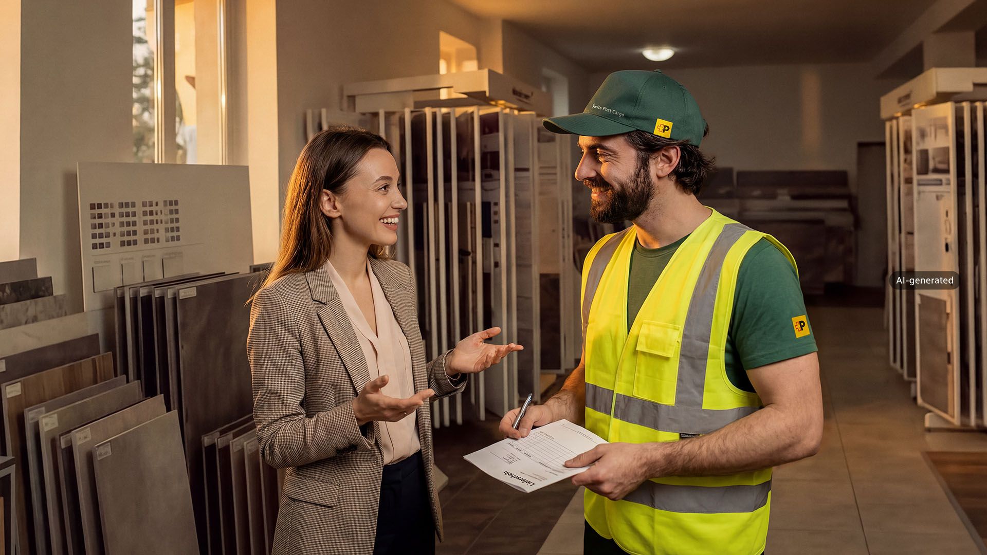 Deux personnes se tiennent a l'intérieur, entre des presentoirs d'echantillons de ceramique du batiment, carrelage et plaques ceramiques. Une personne parle avec un collaborateur de Swiss Post Cargo, qui tient un bon de livraison dans la main.