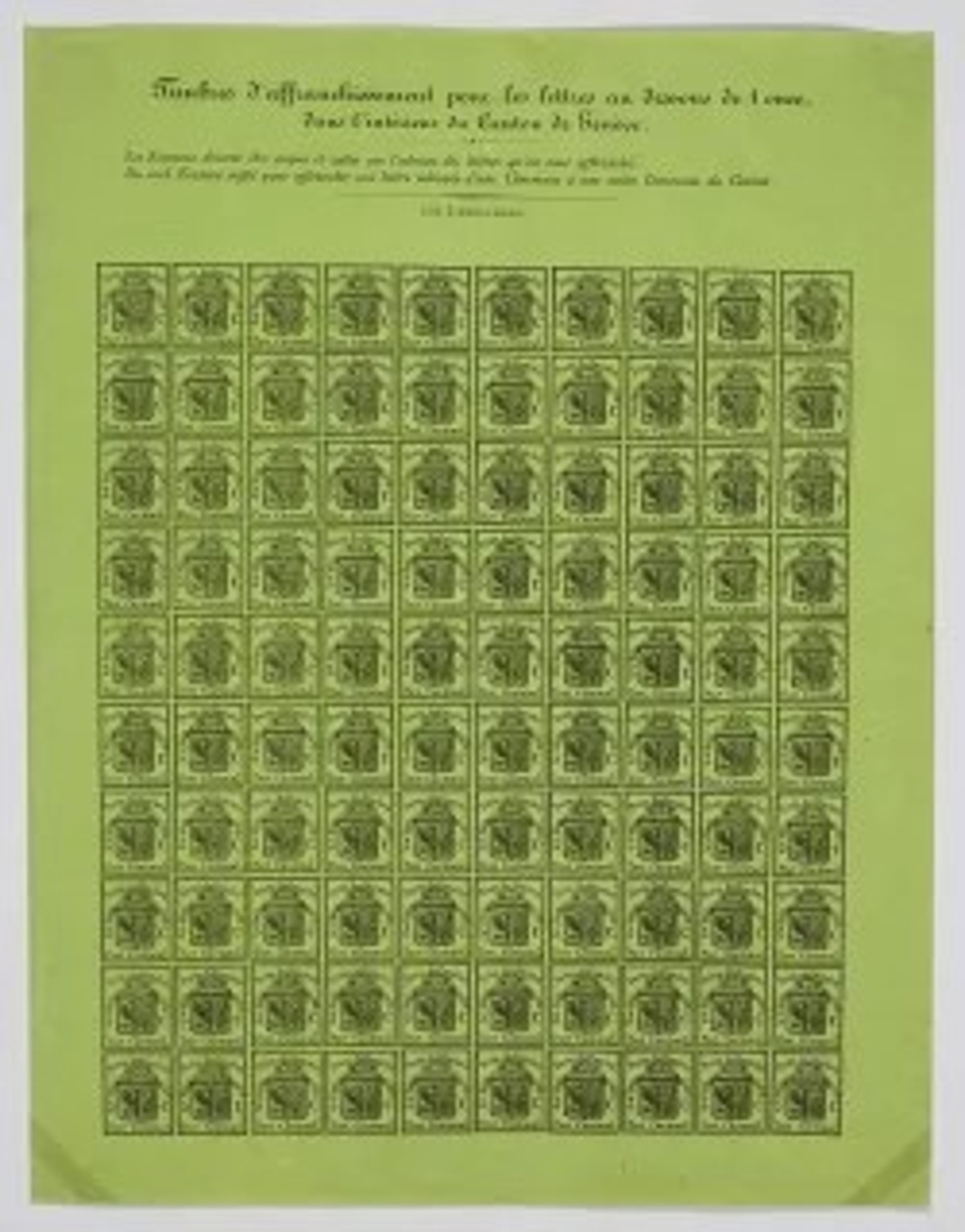 Block von zehn grünen Briefmarken mit der Aufschrift ‚Port Cantonal‘ und ‚Port local‘. Jede Marke zeigt das Genfer Wappen mit Schlüssel und Adler sowie den Wert ‚5 C‘. Oben steht ‚10. Port Cantonal. Cent.‘.