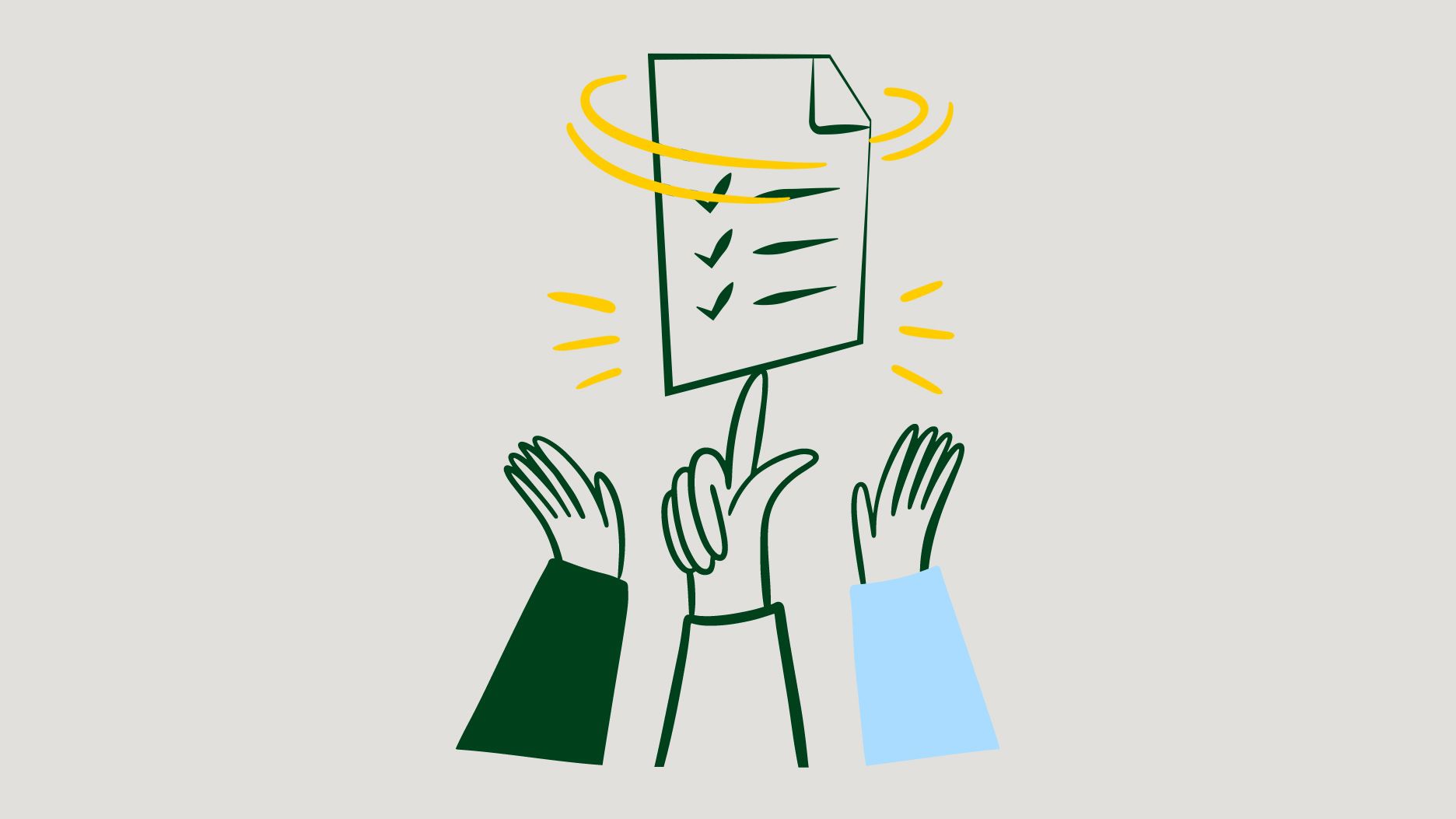 Illustration of a certificate on a balancing hand, with two raised hands beside it.