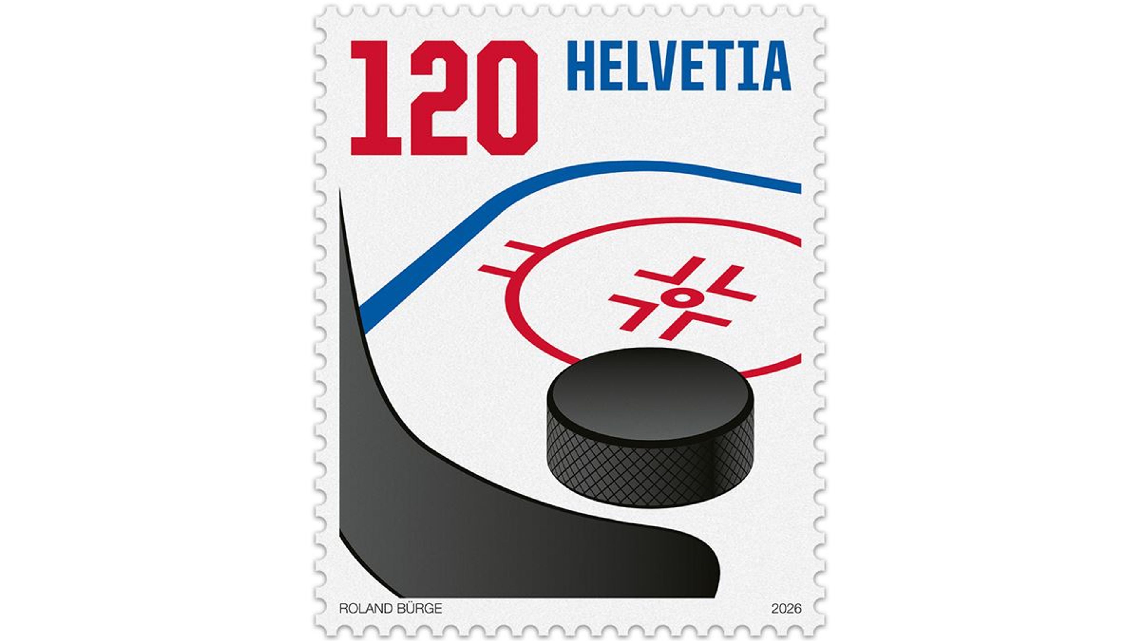 Briefmarke mit der Aufschrift „120 HELVETIA“ (2026). Stilisiertes Eishockeymotiv mit schwarzem Puck vor einem Torraum, geschwungene blaue und rote Linien im Hintergrund, unten signiert „Roland Bürge“.