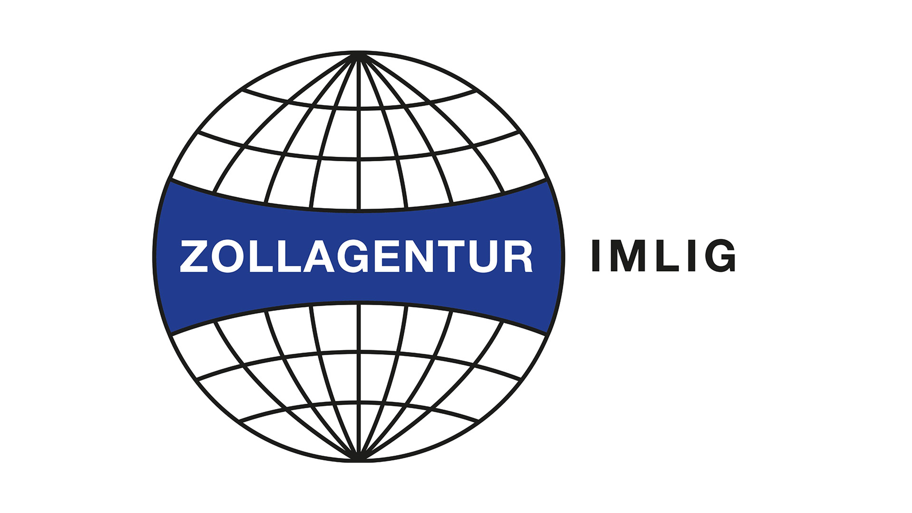 Logo der Zollagentur Imlig: stilisierte Weltkugel mit blauem Band und Schriftzug «Zollagentur Imlig»