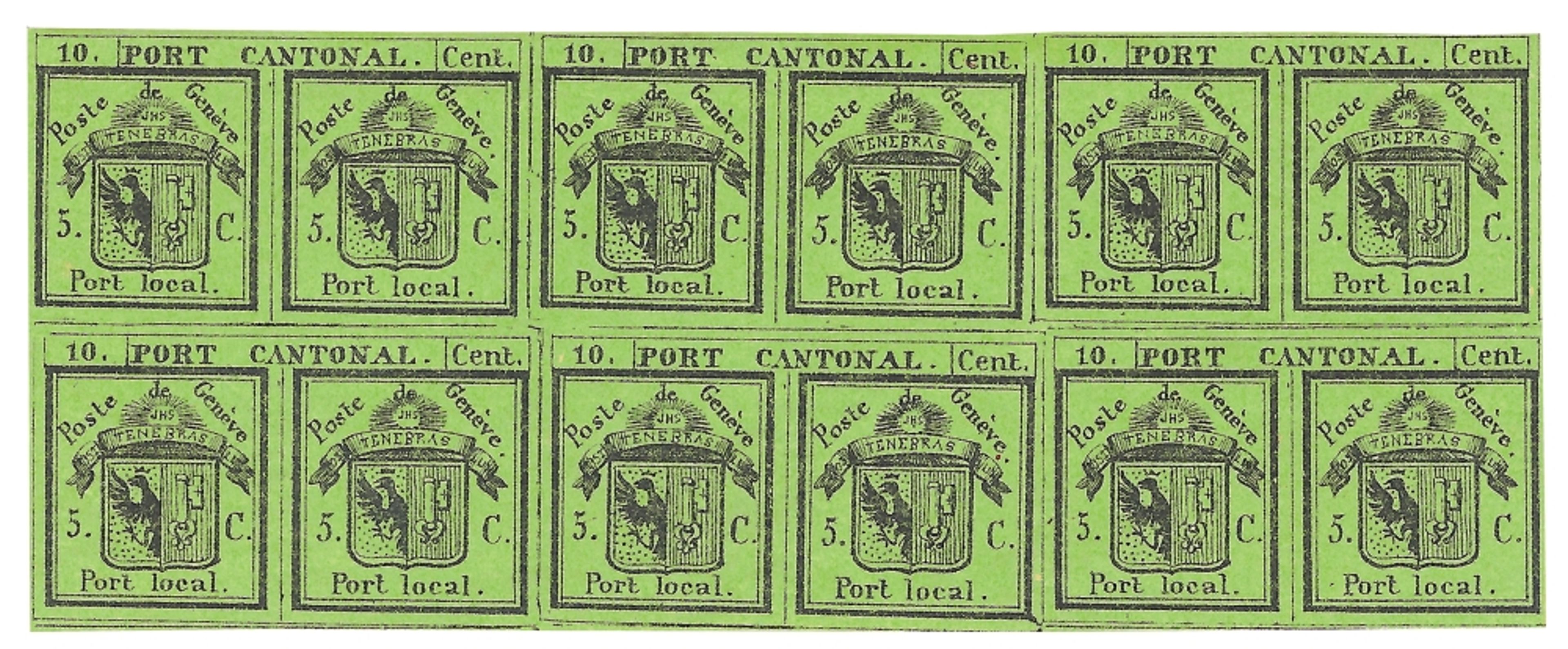 Bloc de dix timbres verts avec l’inscription « Port Cantonal » et « Port local ». Chaque timbre représente les armoiries de Genève avec clé et aigle, ainsi que la valeur « 5 C ». En haut, « 10. Port Cantonal. Cent. ».