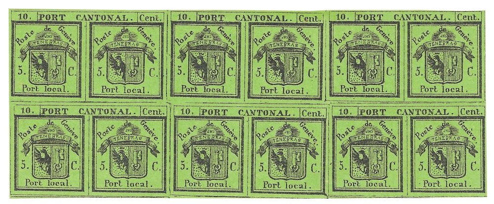 Bloc de dix timbres verts avec l’inscription « Port Cantonal » et « Port local ». Chaque timbre représente les armoiries de Genève avec clé et aigle, ainsi que la valeur « 5 C ». En haut, « 10. Port Cantonal. Cent. ».