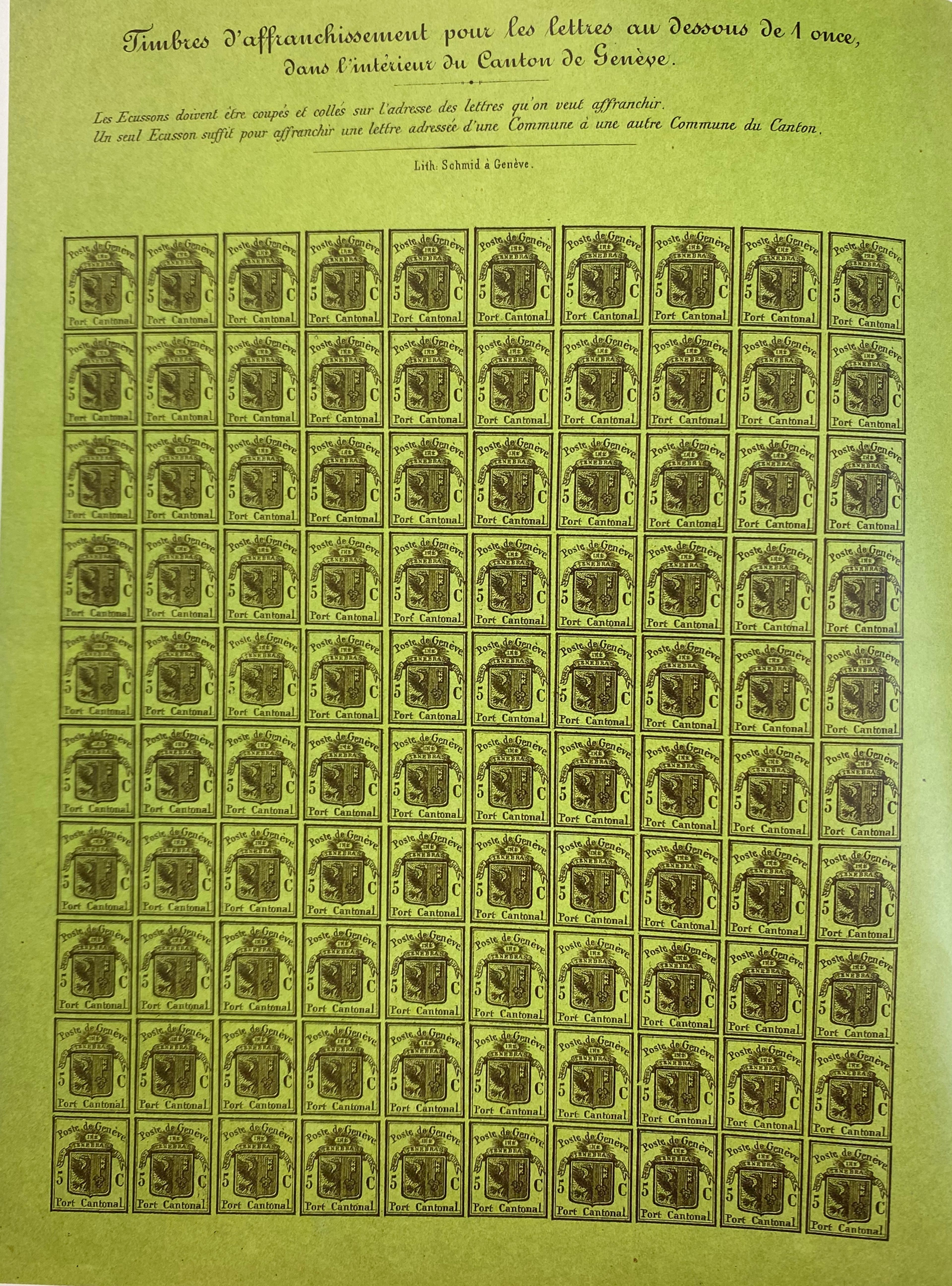 Bloc de dix timbres verts avec l’inscription « Port Cantonal » et « Port local ». Chaque timbre représente les armoiries de Genève avec clé et aigle, ainsi que la valeur « 5 C ». En haut, « 10. Port Cantonal. Cent. ».