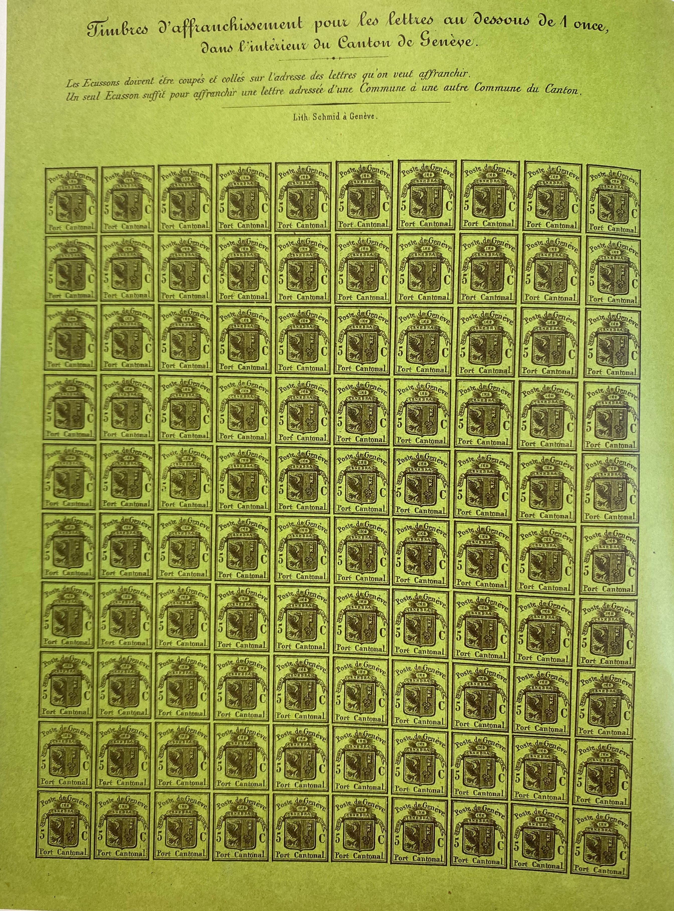 Bloc de dix timbres verts avec l’inscription « Port Cantonal » et « Port local ». Chaque timbre représente les armoiries de Genève avec clé et aigle, ainsi que la valeur « 5 C ». En haut, « 10. Port Cantonal. Cent. ».
