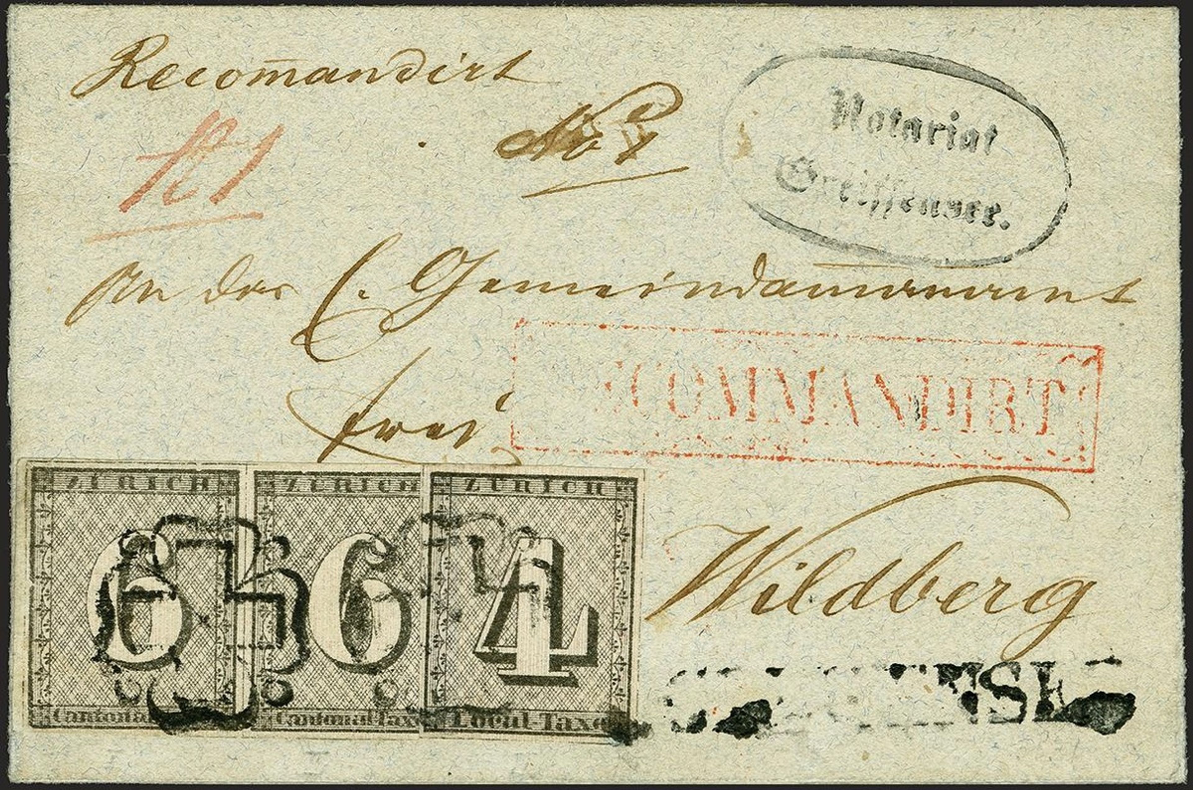 Lettre historique avec adresse manuscrite « Wildberg » et plusieurs mentions postales en rouge et noir, dont « Recommandirt » et un cachet ovale « Winterthur ». En bas, trois timbres noirs de taxe cantonale de Zurich alignés avec grands chiffres et motif fin.