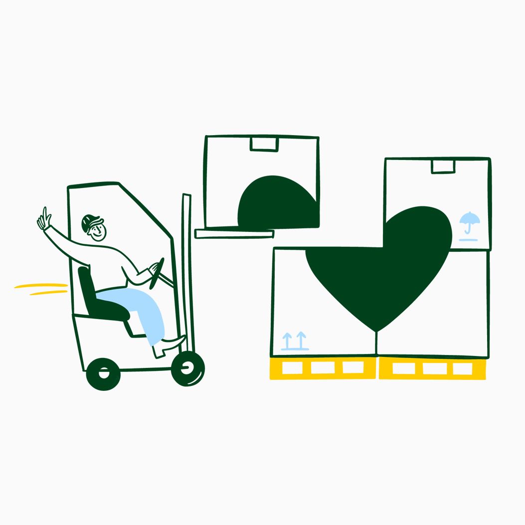 Illustrazione di un carrello elevatore con un conducente che saluta, impilando pacchi in modo da formare un motivo a forma di cuore.