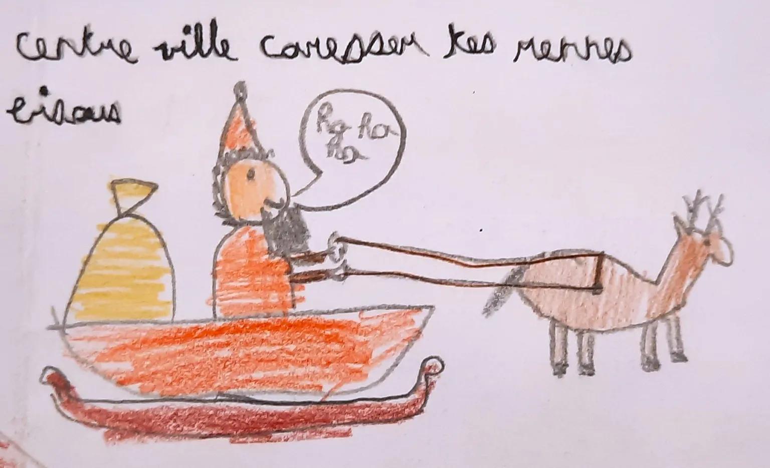 Kinderzeichnung: Weihnachtsmann mit Schlitten
