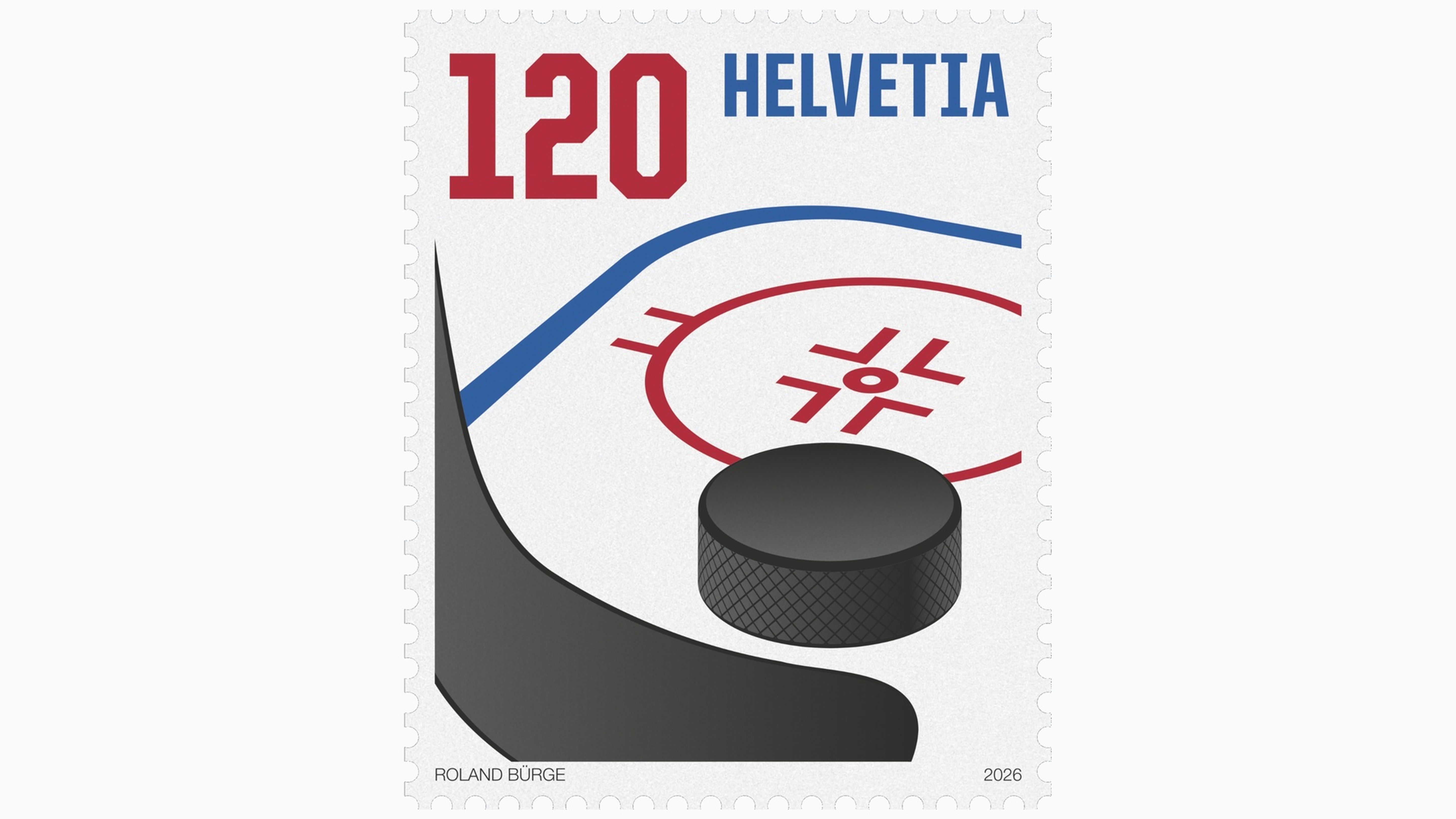 Francobollo «120 HELVETIA» (2026). Motivo stilizzato di hockey su ghiaccio con un disco nero davanti all’area di porta, linee curve blu e rosse sullo sfondo, firmato «Roland Bürge» in basso.