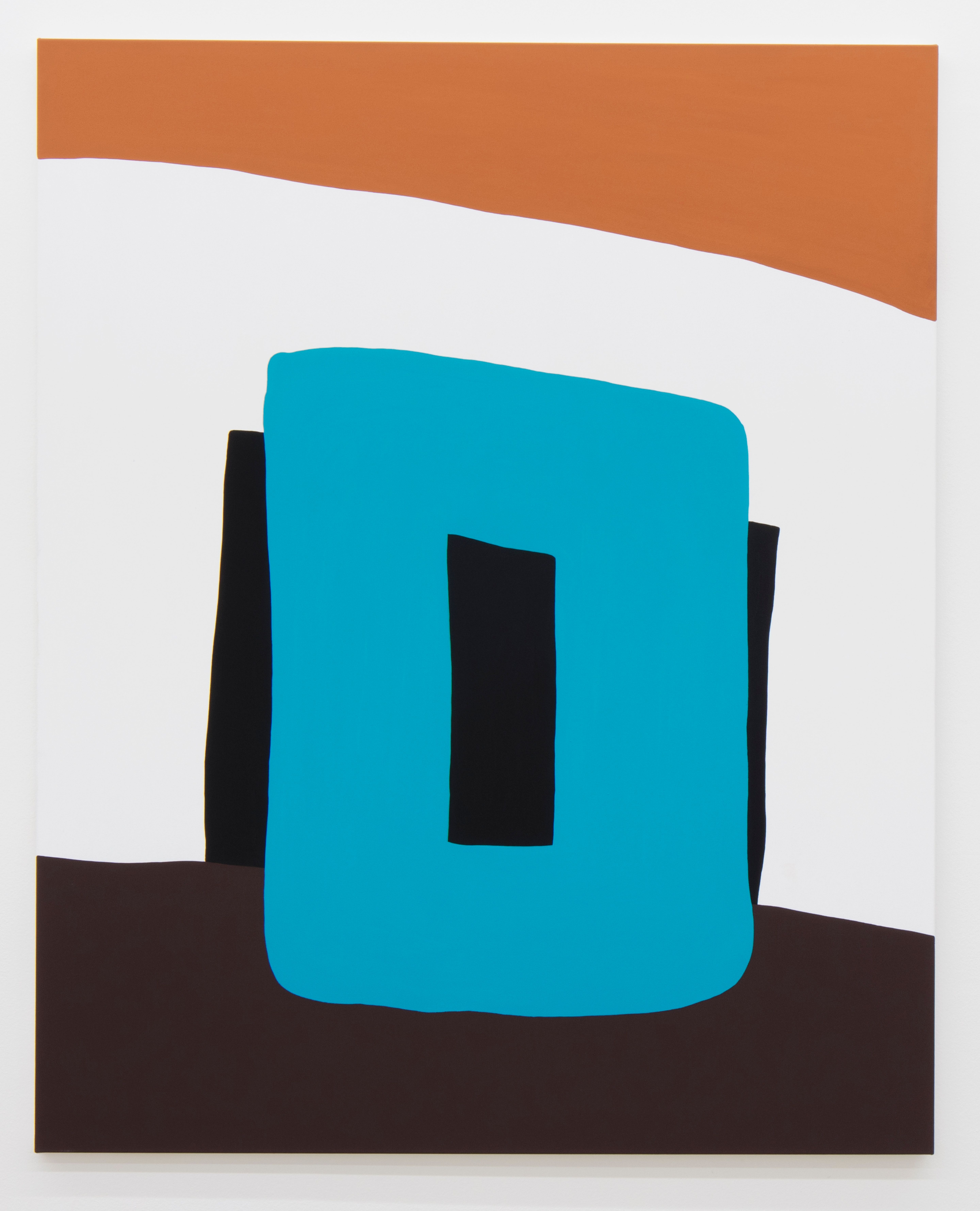 Abstraktes Kunstwerk mit geometrischen Formen in Türkis, Weiss, Schwarz, Braun und Orange.
