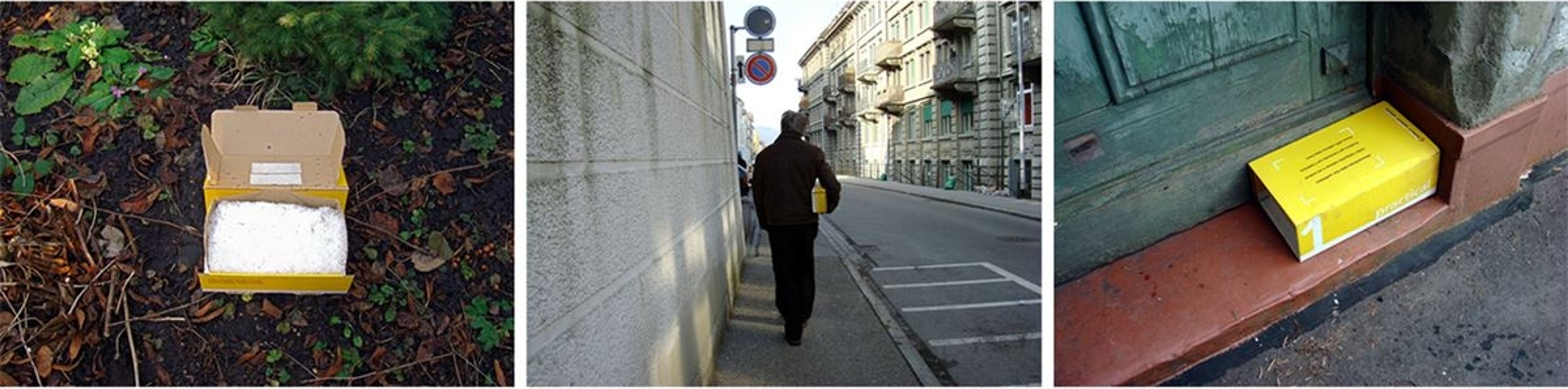 Drei Szenen zeigen eine gelbe Postbox an verschiedenen Orten in einer städtischen Umgebung.