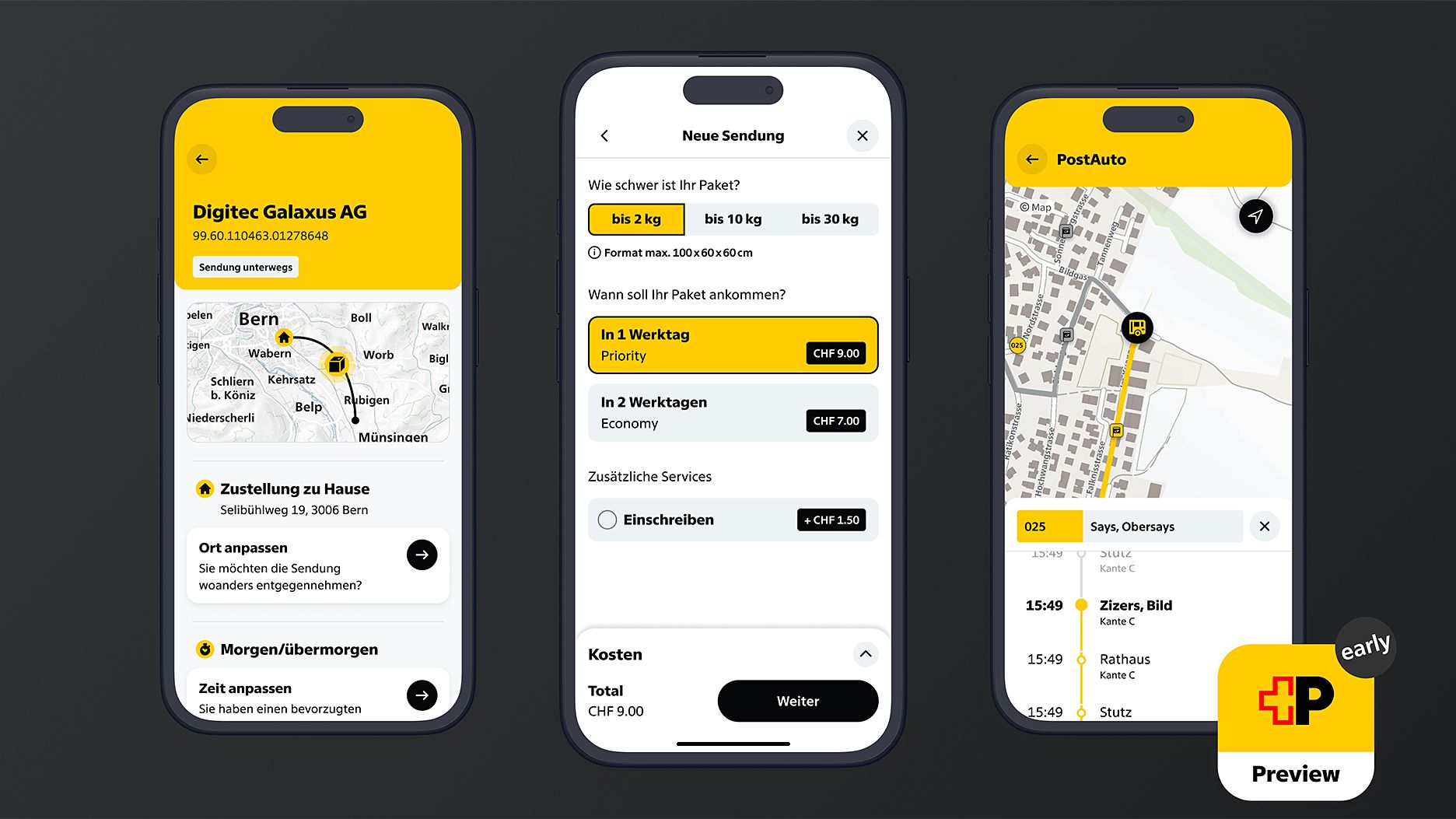 Tre cellulari mostrano diverse visualizzazioni di un’app per la spedizione e per le linee di autobus.