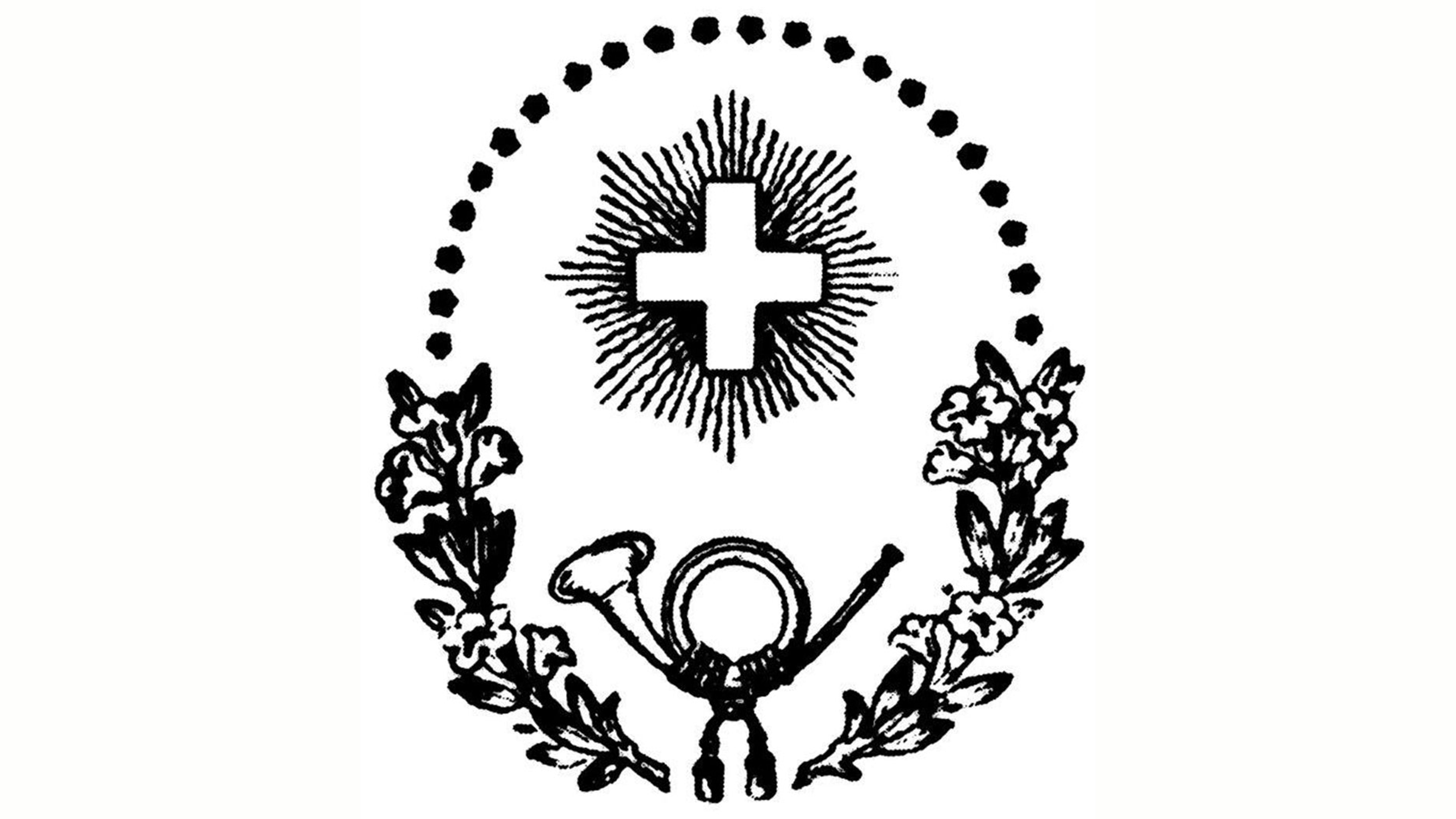 Un emblème en noir et blanc montre une croix blanche entourée de rayons stylisés. En dessous se trouve un cor postal muni d’une corde, encadré par deux branches végétales symétriques avec des fleurs. Un arc semi‑circulaire composé de points se trouve au‑dessus.