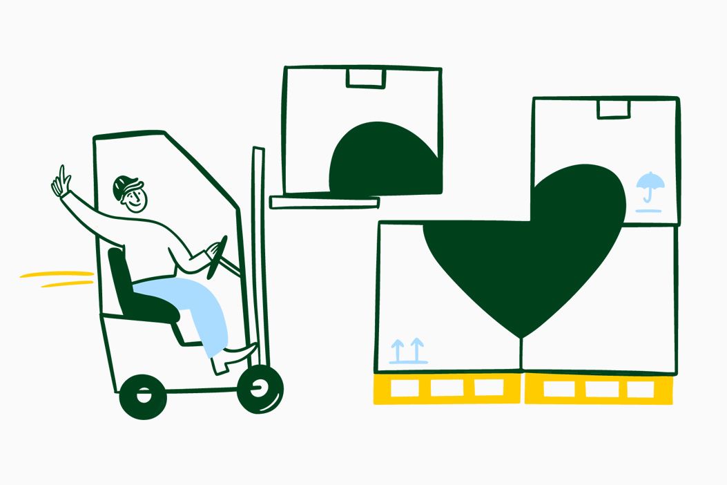 Illustration of a forklift with a waving driver stacking packages in a way that they form a heart shape.